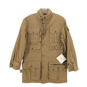 WATHNE Men's Field Utility Jacket Tan Khaki Twill Pockets Hood Vintage SMALL